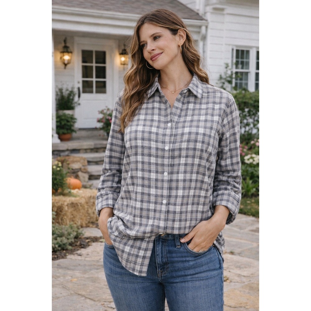 Q2 Untuckit Tanner Women's Shirt Top Gray Plaid Flannel Size 14 Button Front